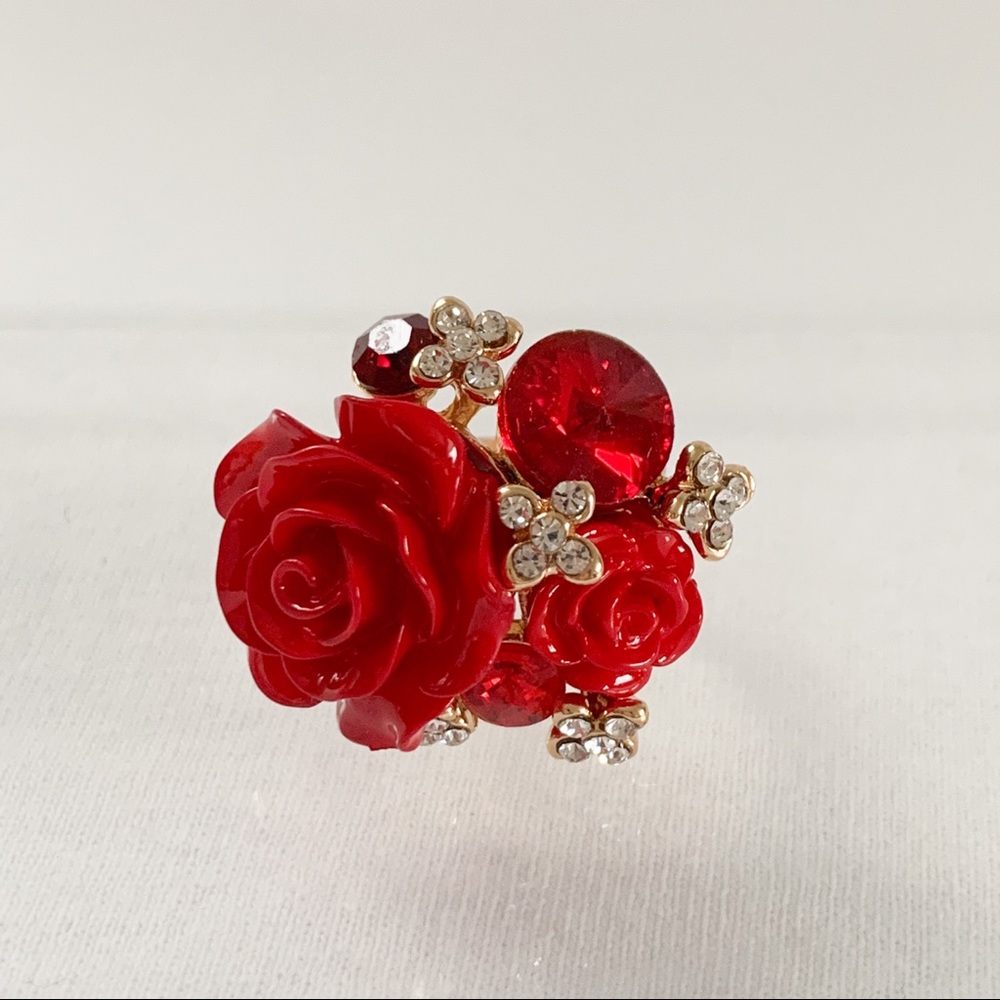 Large Red Enamel Flower Ring